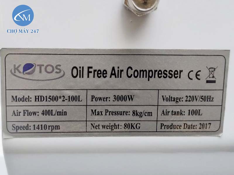 Máy nén khí không dầu Kotos HD1500x2/4HP/100L/220V độ ồn thấp