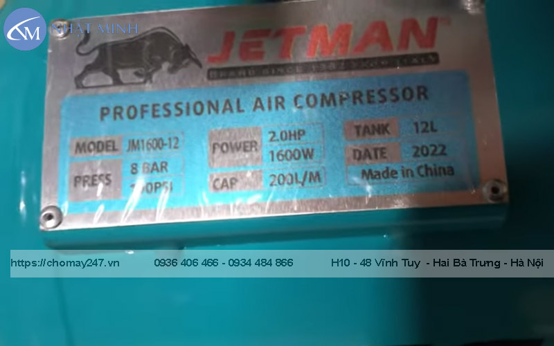Máy nén khí mini không dầu Jetman JM1600-12 2HP 12L