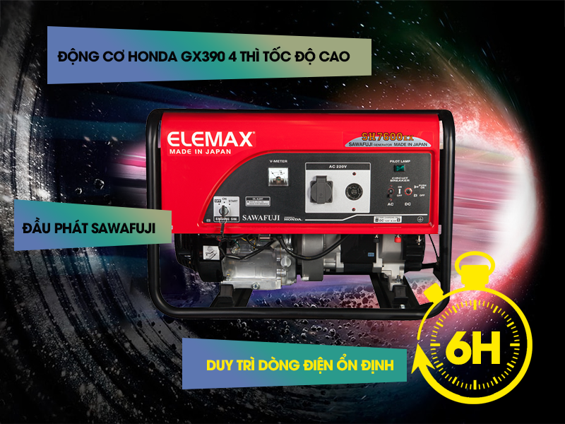 Máy phát điện mini gia đình Elemax SH7600EX sở hữu động cơ 4 thì mạnh mẽ