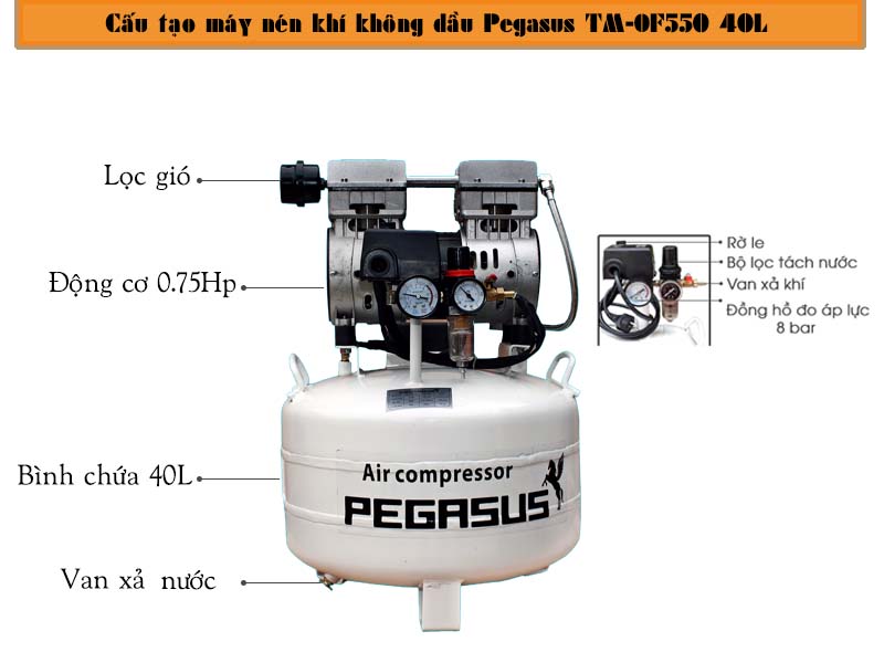 Máy nén khí không dầu Pegasus TM-OF-550 40L trọng lượng nhẹ