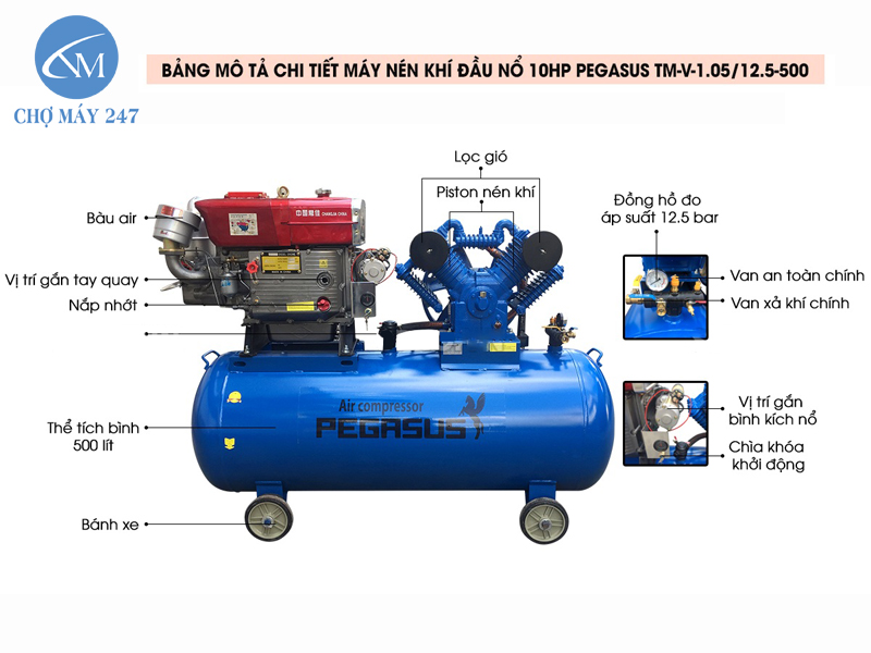 máy nén khí chạy dầu Diesel Pegasus TM-V-1.05/12.5-500L/10HP tiết kiệm nhiên liệu