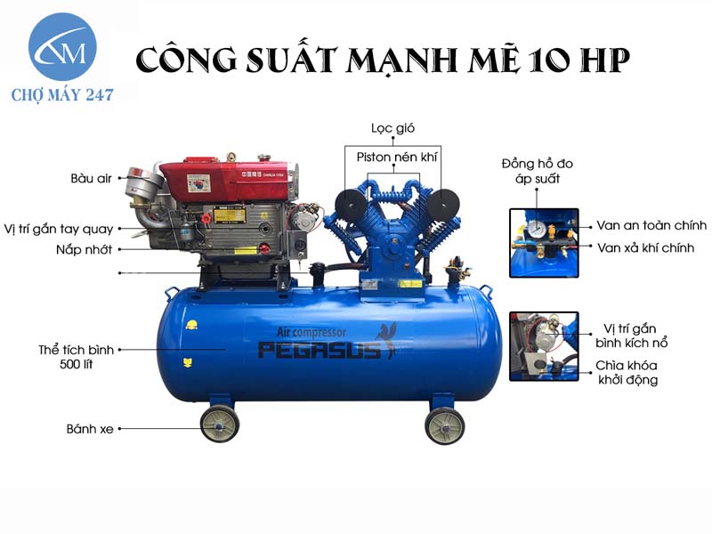 máy nén khí chạy dầu Diesel Pegasus TM-W-1.0/8-500L/10HP công suất lớn